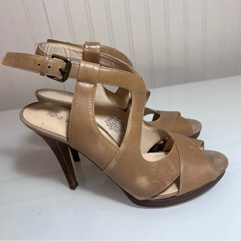 Nine West Marcalie Tan Leather Platform Sandals Strappy Peep Toe Block Heel sz 9